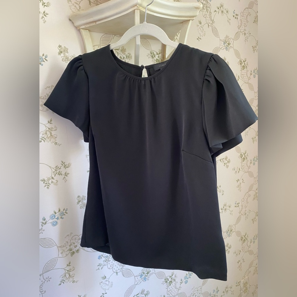 NWT J Crew black flutter sleeve silk-feel shirt